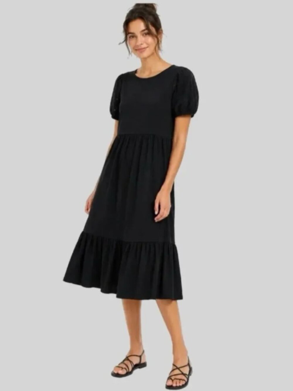 J.Crew Tiered Midi Dress Sz M Black Cotton Eyelet Puff Sleeve - Picture 1 of 7